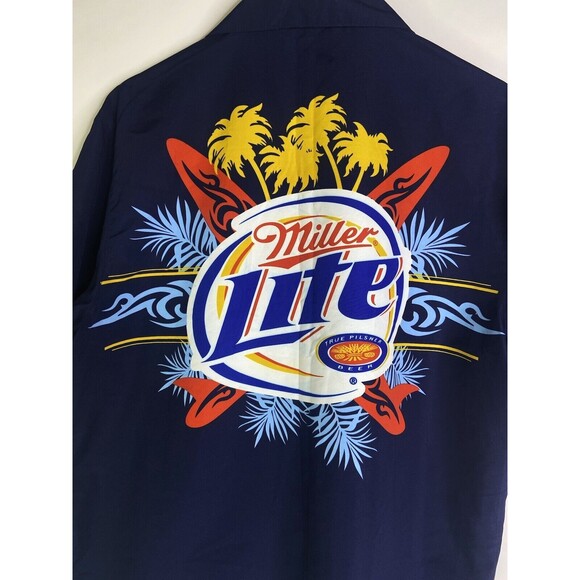 Miller Lite Mens Size L Hawaiian Surf Camp Shirt Short Sleeve Blue Button Down - Picture 2 of 7